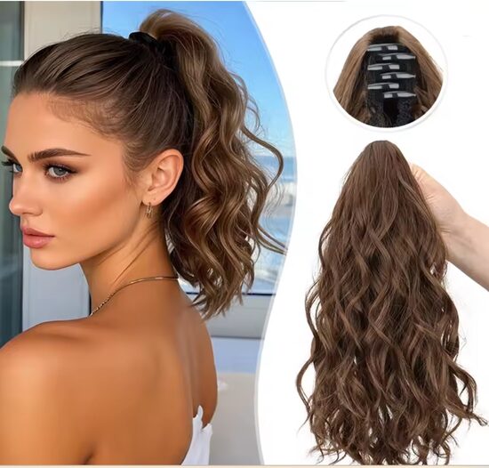 Mākslīgie mati tumši brūni, viļnaina zirgaste ar sprādzi